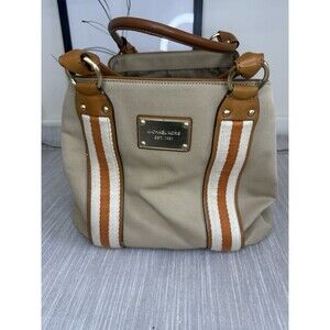 Michael Kors Khaki Canvas Shoulder Bag  With Orange And White Stripe